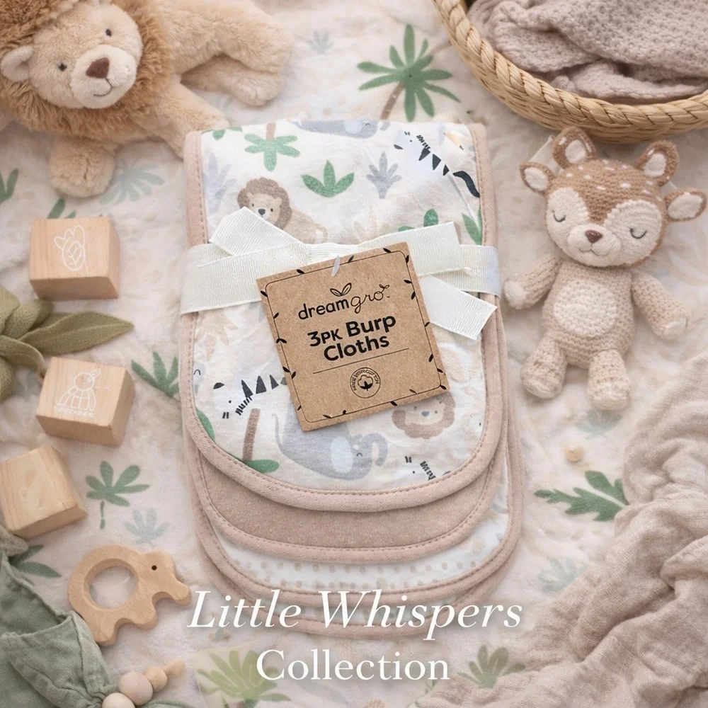 Dreamgro 3 Pack Cotton Burp Cloths | Safari Neutral Baby Set | Jungle Animals |